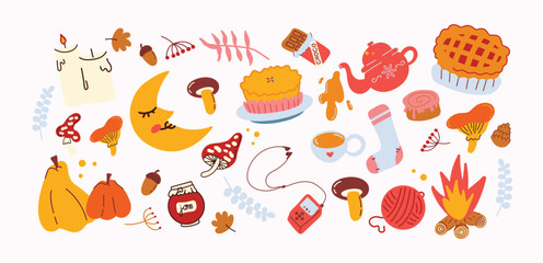 Cozy cartoon autumn stickers in hand drawn style. Leaves, pie, coffee, tea, mushroom, jam, candle, harvest time, pumpkin. Set of doodle groovy vector shapes hand drawn