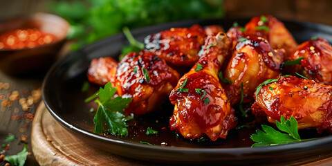Plano a detalle de un plato de alitas de pollo adobadas a la bbq 