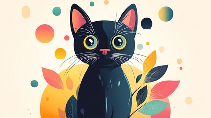 Cute cartoon black cat with big eyes, surrounded by colorful leaves and circles.