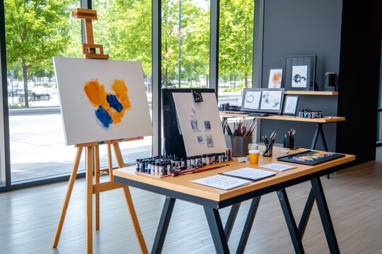 A creative workspace with a painting easel and writing desk, blending visual art and writing as forms of creative expression