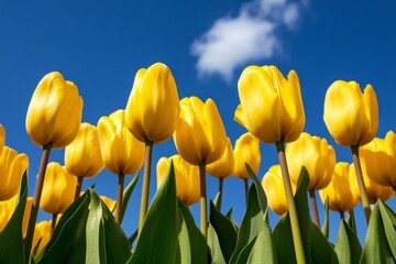 Obraz premium A field of yellow tulips, with a bright blue sky overhead, symbolizing springtime joy