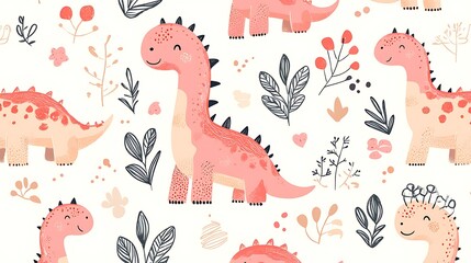 A whimsical pattern featuring cute dinosaurs surrounded by plants and flowers.