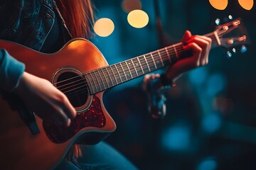 Naklejka premium Close up of musician playing acoustic guitar on stage with warm lighting