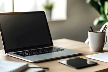 Laptop on the wooden table