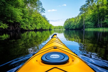 Fototapeta premium A kayak paddling through a peaceful river, with trees reflecting in the calm water under the summer sun