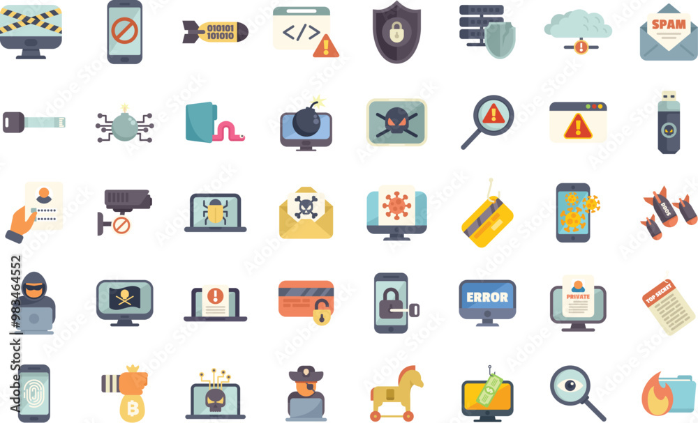 Aufkleber different types of cyber attacks, hacking and malware concepts represented by colorful icons