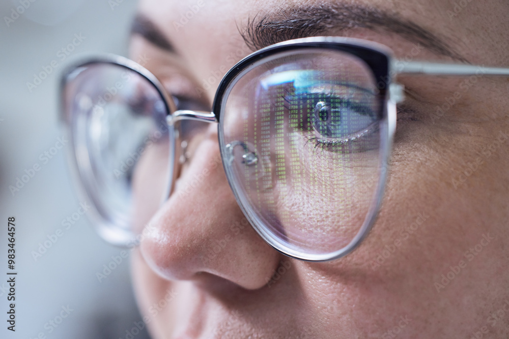Poster Closeup, reading or woman with glasses and coding reflection for vision, eyes healthcare or wellness. Innovation, face or programmer on technology online code software for development on computer