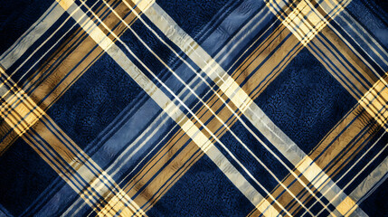 Blue, brown, and white plaid fabric texture background.