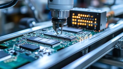 Automated machine assembling components on a pcb, highlighting precision and technology in electronics manufacturing.