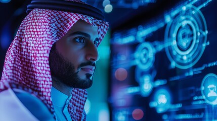 Modern arab business leader at a tech startup analyzing digital data on futuristic screens, symbolizing tech investment and innovation.