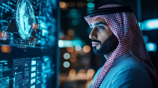 Middle eastern businessman analyzing digital data on futuristic screen, symbolizing cross-cultural business digital transformation.