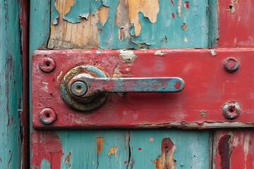 Close up of rusty old door handle with chipped paint, vintage, grunge texture