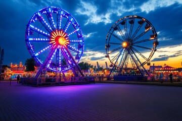 A summer fair or carnival, with rides, games, and bright lights in the warm evening air