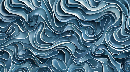 Abstract blue and white layered wavy pattern.