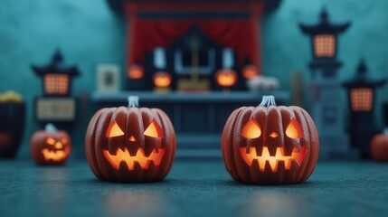 Obraz premium A haunted Obon altar with glowing jack-o'-lanterns and ancestral offerings close up - Honoring the dead with a spooky twist - surreal - Double exposure - Shrine backdrop