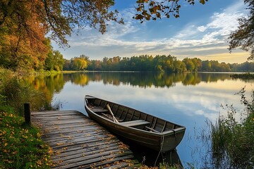 Obraz premium Scenic Autumn Lake with Wooden Rowboat Docked on Pier