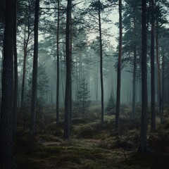 Obraz premium Serene Misty Forest Landscape with Tall Pines