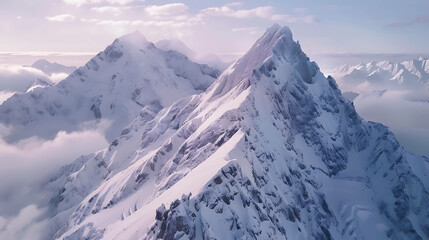Fototapeta premium Aerial view of snow covered mountains with clouds.