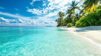 Fototapeta premium Tropical beach with white sand, crystal clear water, palm trees, and blue sky with clouds.