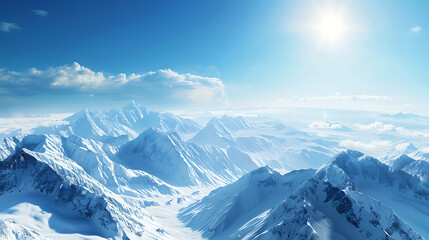 Obraz premium Aerial view of snow-capped mountains on a bright, sunny day.