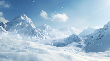 Obraz premium Snowy mountain range with a blue sky and fluffy clouds.