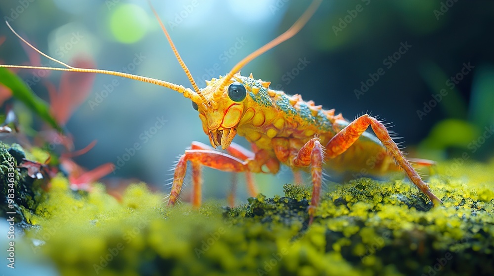 Wall mural vibrant yellow insect with spiky exoskeleton on moss