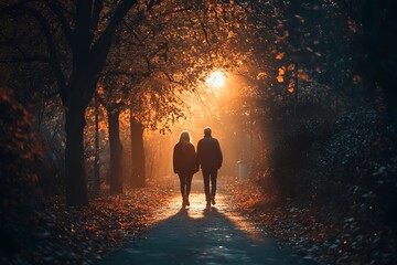 Fototapeta premium Silhouette of a couple walking hand in hand on a foggy path at night under a street light in an autumn park