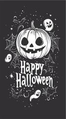 Happy Halloween Pumpkin with Ghosts and Spiderwebs in Black and White Vector
