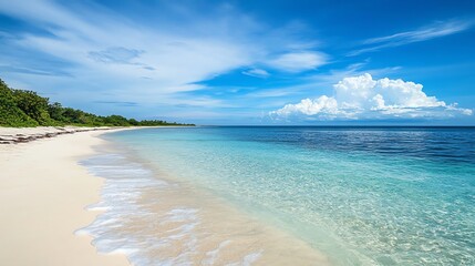 Obraz premium White sand beach with crystal clear blue water and a few palm trees on the shore.