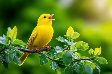 A yellow bird perched on a tree branch, singing in the morning light, symbolizing joy and cheerfulness