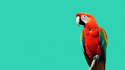 Fototapeta premium A scarlet macaw parrot is perched on a branch against a turquoise background.