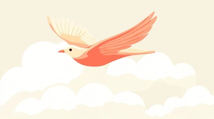 A cartoon bird with orange wings flies high above white clouds.
