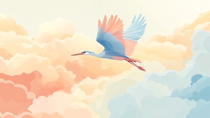 A lone bird soars through pastel-colored clouds.