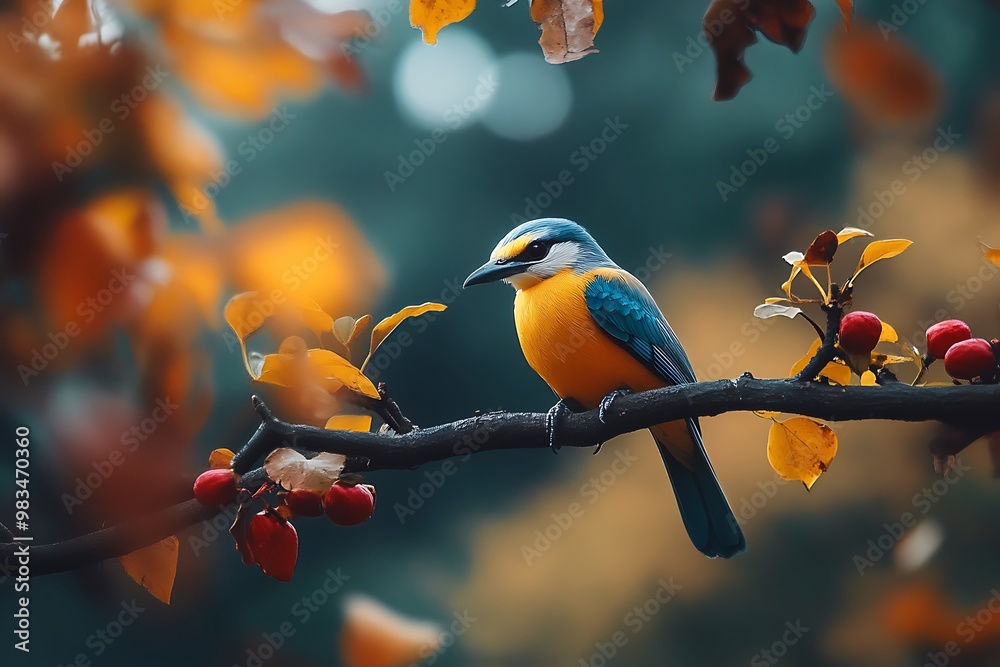 Sticker Colorful Bird Perched on a Branch in Autumn Foliage