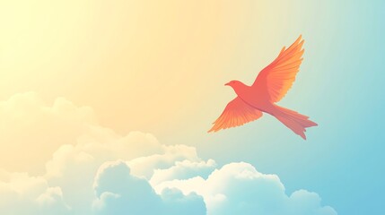 A single bird flies through a bright blue sky with fluffy clouds.