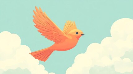 A single orange bird flies through a blue sky with white fluffy clouds.