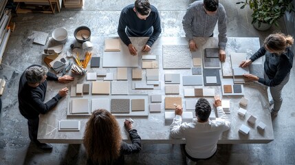 A team of designers collaborating on a mood board, with materials and color swatches spread out on a large table