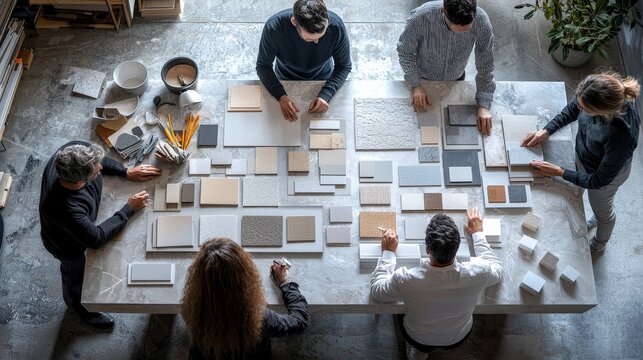 A team of designers collaborating on a mood board, with materials and color swatches spread out on a large table