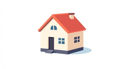 A small, white house with a red roof.