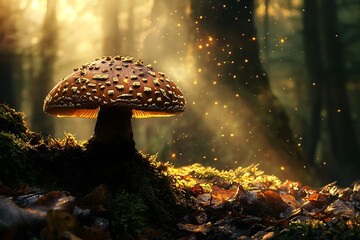 Enchanted Mushroom in Golden Forest Sunlight