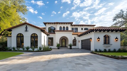 Naklejka premium front view of beautiful white and black Spanish style home with dark brown accents, paver driveway, cinematic, Nikon D850 camera