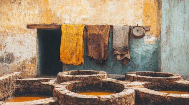 Leather drying near stone vats in a traditional tannery