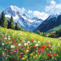 Obraz premium Scenic Mountain Landscape with Vibrant Wildflowers