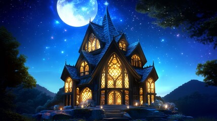 Fototapeta premium A beautifully lit Gothic-style house with multiple spires and arched windows, set under a moonlit sky with sparkling stars, creating a magical and serene nighttime ambiance.