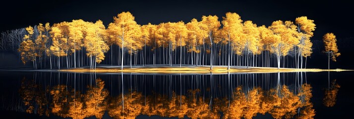 Golden trees reflected in lake on black sky background. Modern canvas art with golden yellow forest