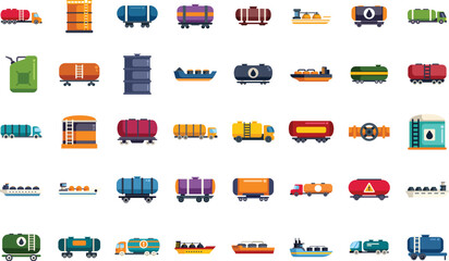 Set of colorful icons representing oil industry, transportation and storage of oil and petroleum products
