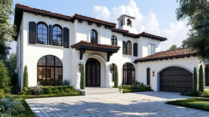 front view of beautiful white and black Spanish style home with dark brown accents, paver driveway, cinematic, Nikon D850 camera