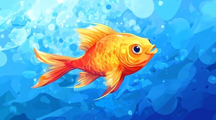 Fototapeta premium Colorful goldfish swimming in blue water with bubbles.
