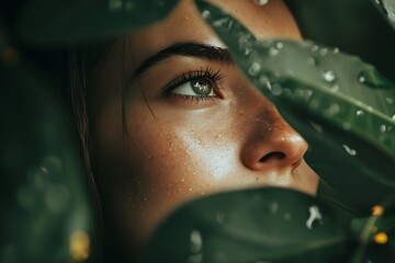 Close up of woman's eye with green leaves, beauty, nature, skincare