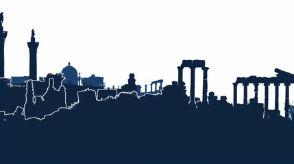 Obraz premium Silhouette of ancient Carthage ruins in Tunisia with historic pillars and structures against a clear sky